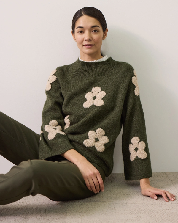Strick-Pullover 3/4 Arm *Flowers* grün
