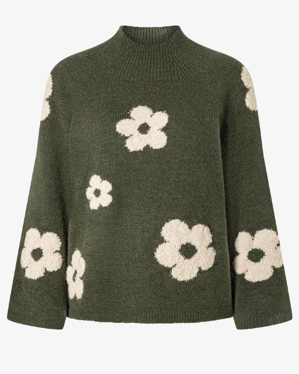 Strick-Pullover 3/4 Arm *Flowers* grün - 1