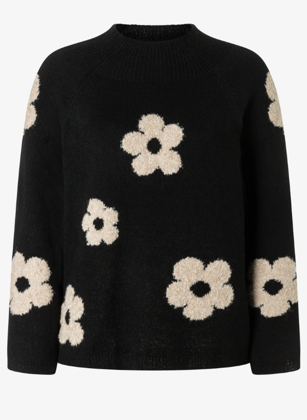 Strick-Pullover *Flowers* 3/4 Arm schwarz - 3