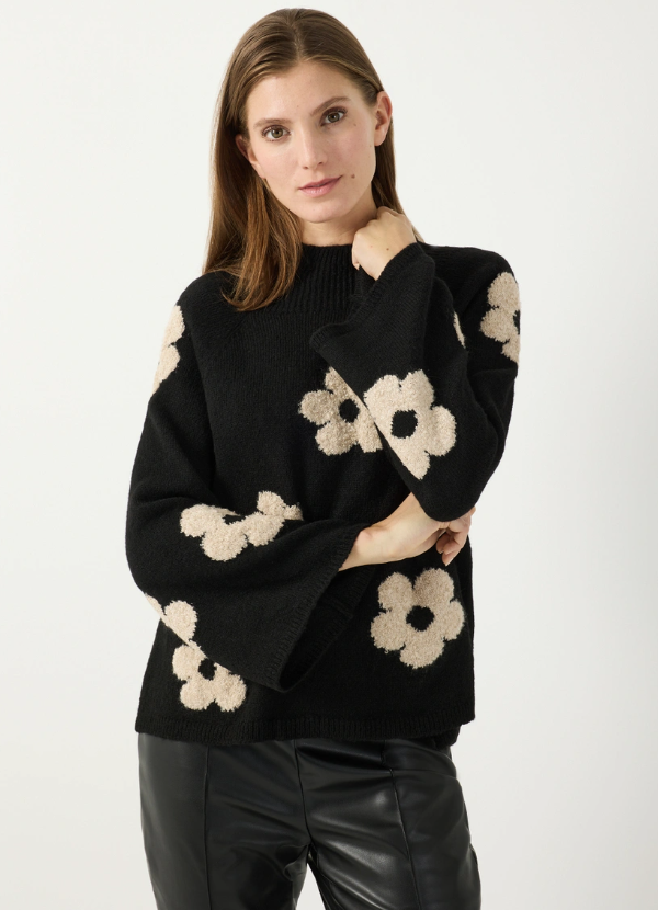 Strick-Pullover *Flowers* 3/4 Arm schwarz